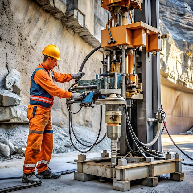 Photo a worker operates a powerful drilling rig in a quarry demonstrating the strength and precision of modern mining technology