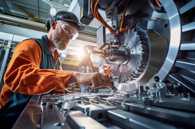 Photo a worker operating a cnc machine with intricate metal parts