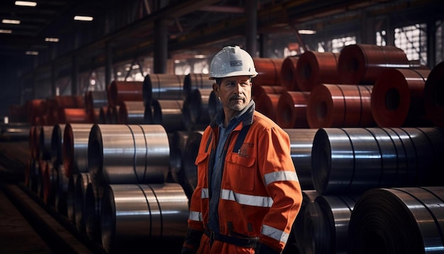 a worker in an orange jacket stands in front of a stack of steel pipes