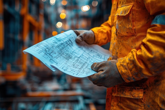 A worker in an orange jumpsuit holding a blueprint in his gloved hands working on a construction site