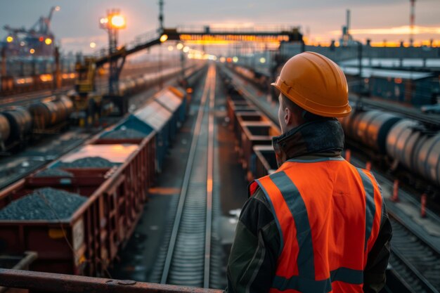 Worker in Orange Safety Vest Observing Train Yard