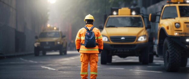 Photo worker in orange uniform standing on a road with trucks in the background