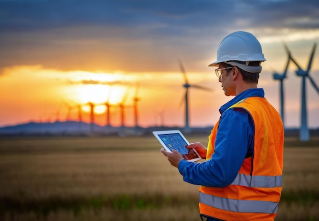 a worker in an orange vest holds a tablet in front of wind turbines