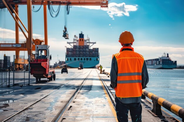 Photo worker in orange vest watching cargo ships at sunny port