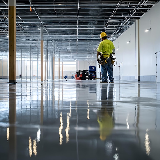 Worker in overalls and a yellow helmet works on the floor in a warehouse