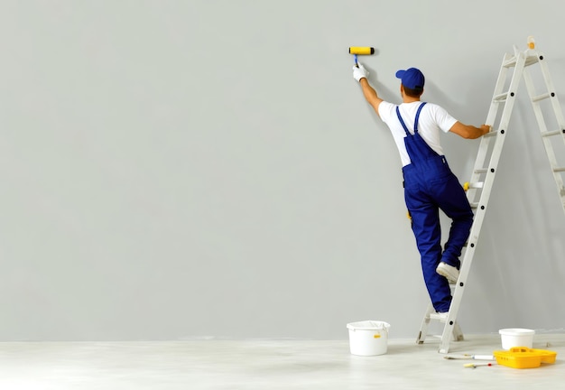 A worker painter dressed in blue overalls painting gray wall Concept of renovation construction