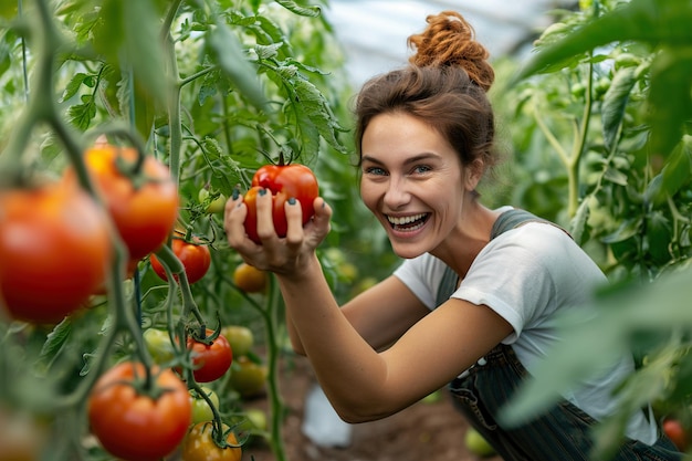 Worker picking up two tomatoes from the tomato plant and smiling