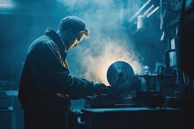 Photo worker polishing metal with special equipment in dark room