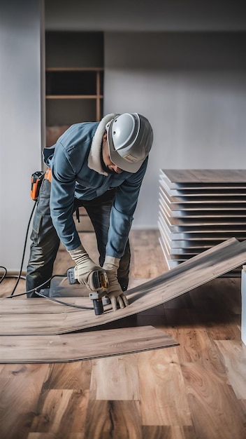 Worker processing a floor with laminated flooring boards