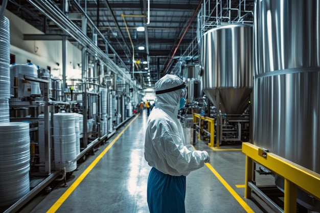 A worker in protective gear inspects a modern facility The industrial space is designed for safety and efficiency Precision and cleanliness are key Generative AI