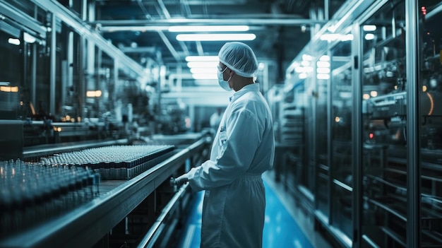 Photo worker in protective gear monitoring conveyor belt in factory