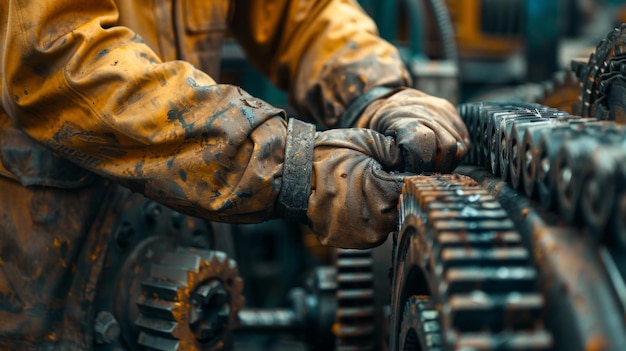 Worker in protective gear repairing large industrial machinery gears in a factory highlighting maintenance and engineering