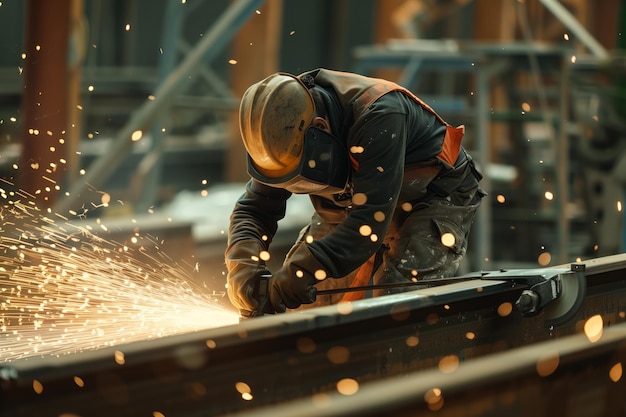 A worker in protective gear uses an angle grinder to cut metal sparks flying around him as he works