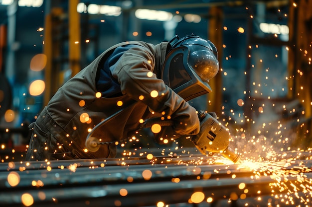 A worker in protective gear uses an angle grinder to cut metal sparks flying around him as he works