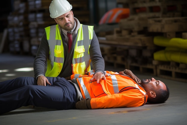 Worker receiving industrial injury in factory and colleague helping him while injured on leg