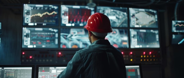 Photo a worker in a red hard hat monitors multiple screens in a dimly lit control room filled with complex data and charts