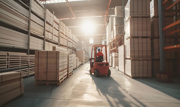 a worker on a red tractor in a warehouse full of boxes