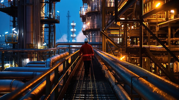 Photo worker in a refinery processing crude oil into various petroleum products demonstrating the complex transformation of natural resources into essential goods