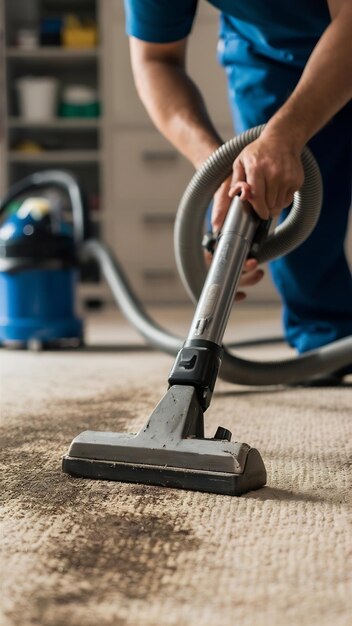 Photo worker removing dirt from carpet indoors closeup cleaning service