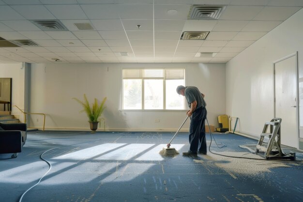 Photo worker removing old carpet in an empty room during renovation preparing the floor for new installation