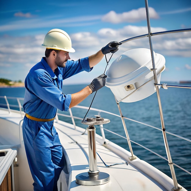 Photo worker repairing a marine antenna on a boat