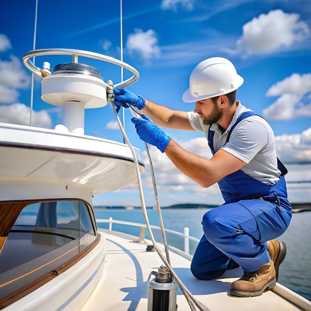 Photo worker repairing a marine antenna on a boat