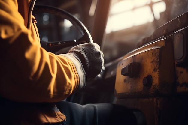 A worker's hand operating a forklift