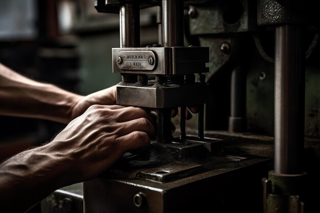 A worker's hand operating a hydraulic press