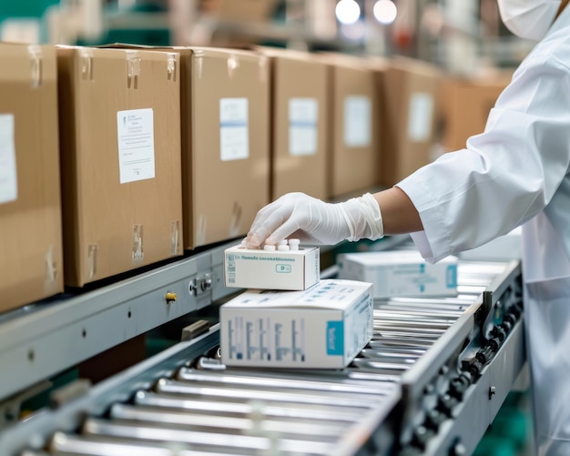 Photo worker s hands packing medical supplies on conveyor belt in healthcare supply chain