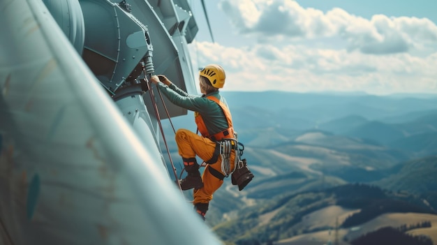 A worker in safety gear climbs a wind turbine tower against a backdrop