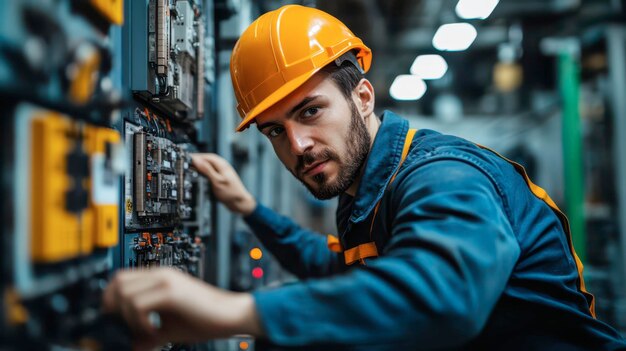 Worker in safety gear operates machinery in industrial facility