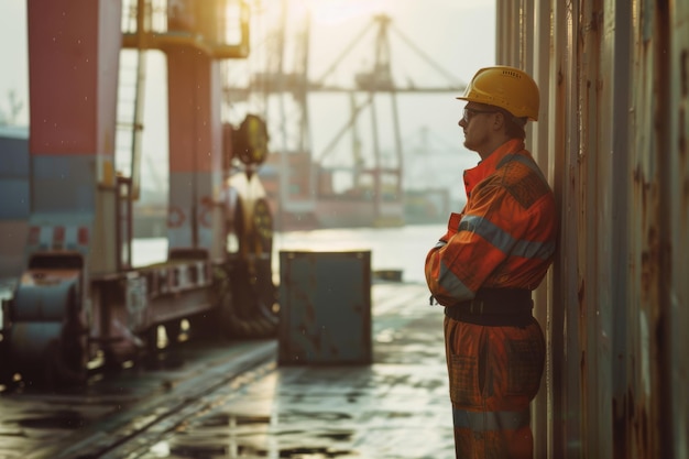 Worker in safety gear at shipping port or container terminal Generative AI