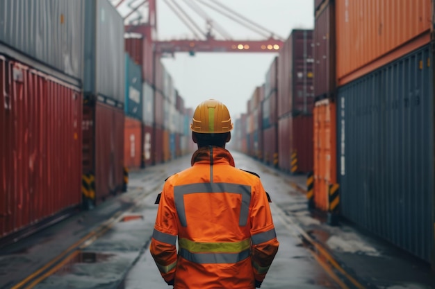 Worker in safety gear at shipping port or container terminal Generative AI