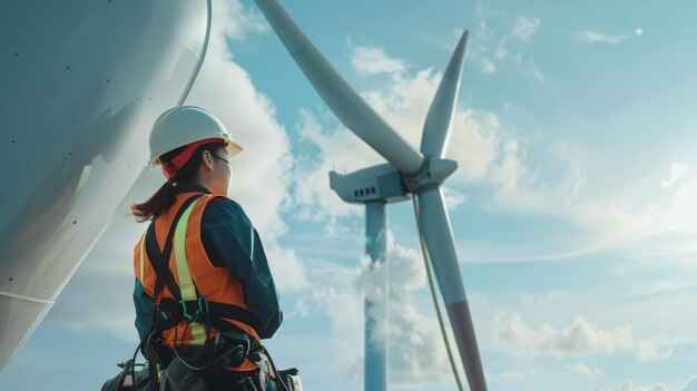 Photo a worker in safety gear stands near a wind turbine gazing up at the towering blades against a clear blue sky filled with soft clouds