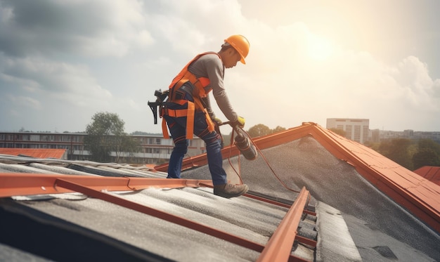 Worker in safety harness belt working on roof construction site Creating using generative AI tools