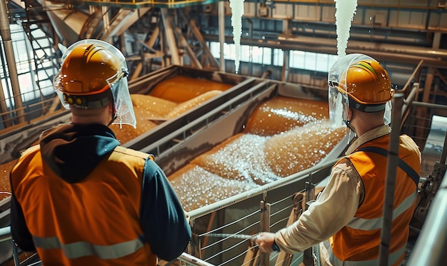 a worker in a safety is standing in front of a large industrial plant