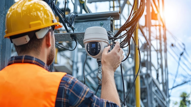 Photo a worker in a safety vest and helmet installs a camera at a construction site ensuring secure monitoring and safety