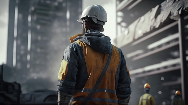 A worker in a safety vest stands in front of a building under construction Construction supervisor