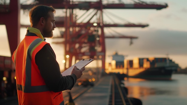 Worker in safety vest with clipboard at harbor