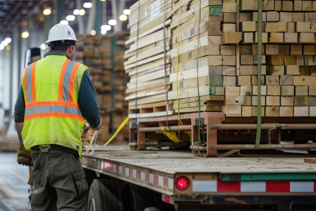 Photo a worker securing a load of lumber on a flatbed truck with the warehouse interior