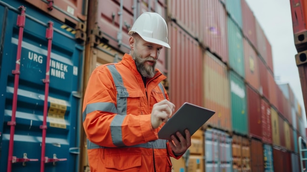 Photo worker in shipping yard with tablet