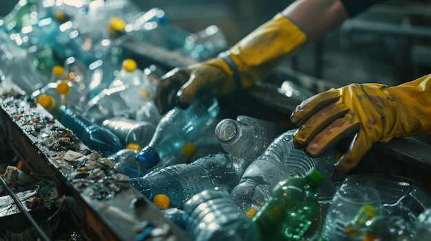 Worker sorting plastic bottles for recycling on a conveyor belt