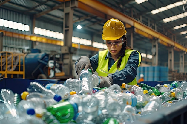 Worker sorting recyclable plastic bottles at a recycling facility