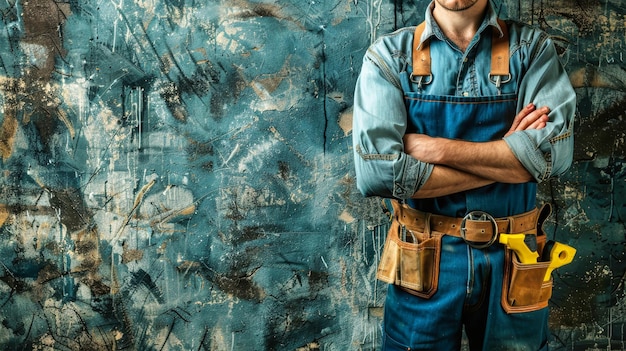 A worker stands confidently with arms crossed wearing a blue denim work shirt and overalls with a leather tool belt strapped around his waist