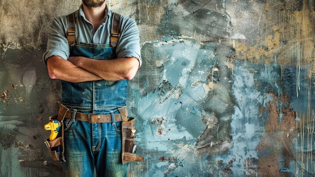 A worker stands confidently with arms crossed wearing a tool belt and overalls The backdrop is a weathered wall with faded paint and textured plaster