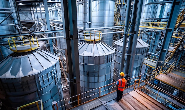 a worker stands near large metal silo in a factory