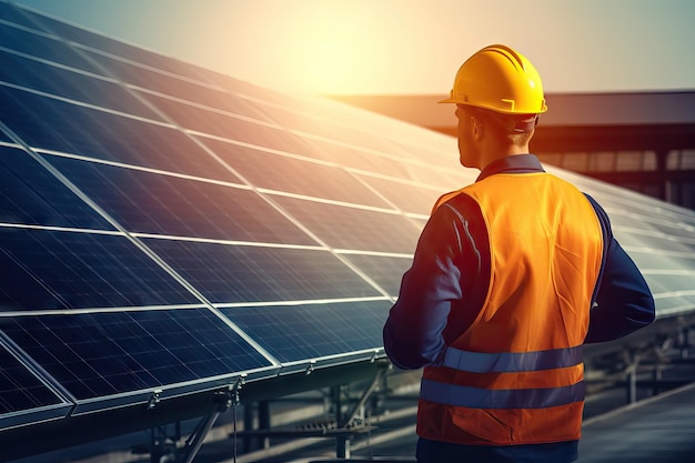 Worker during a sunset Engineer and solar panel in construction for renewable energy electricity or