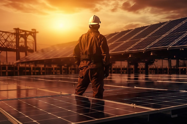 Worker during a sunset Engineer and solar panel in construction for renewable energy electricity or