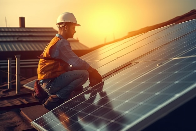 Worker during a sunset Engineer and solar panel in construction for renewable energy electricity or