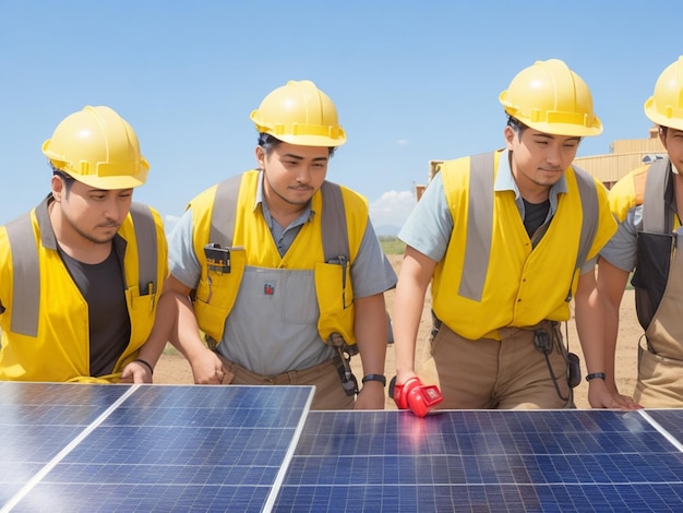 Worker team with solar panel